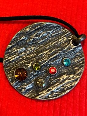Vintage Textures Metal Disk Pendant Necklace with Multicolor Crystals